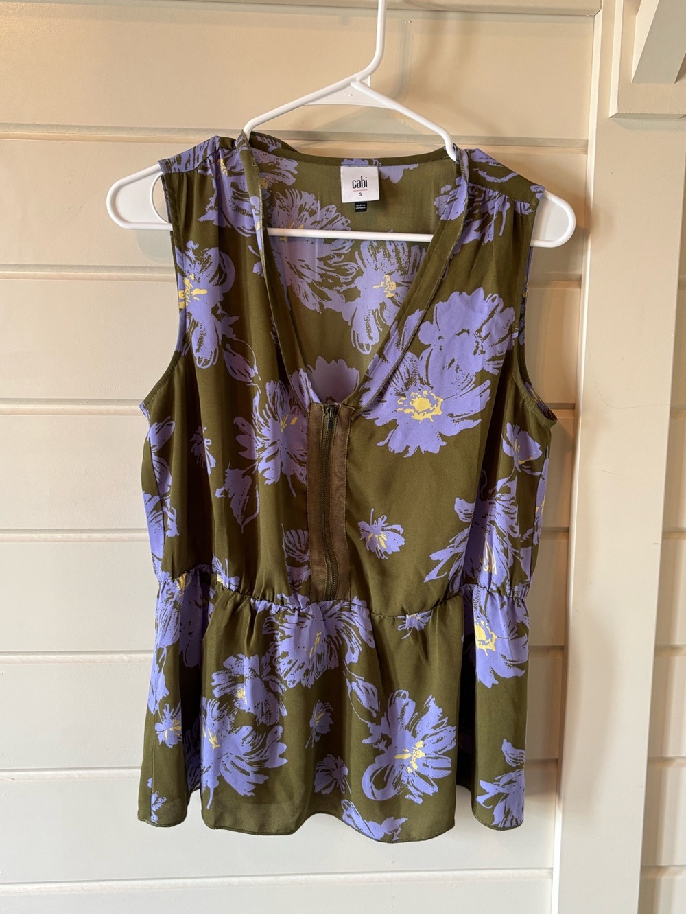 CAbi Olive Top with Lavender Floral Print Sleeveless Peplum